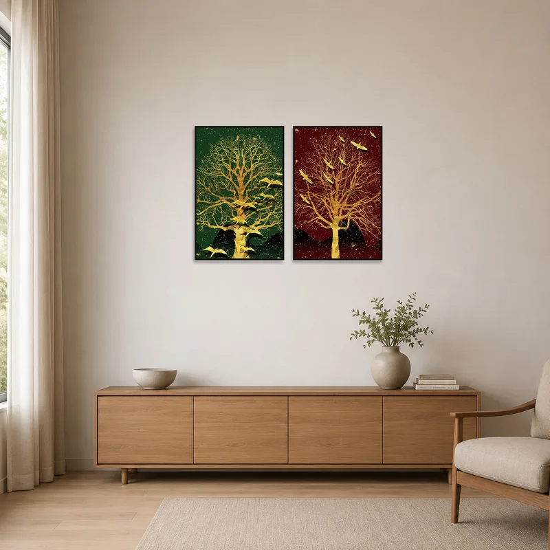 Golden silhouettes of trees and birds add elegance to a minimalistic, white-walled space.