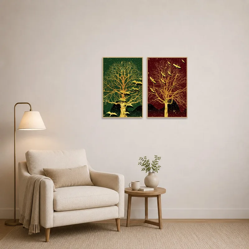 Golden tree and bird silhouettes bring a serene touch to a cozy reading corner.