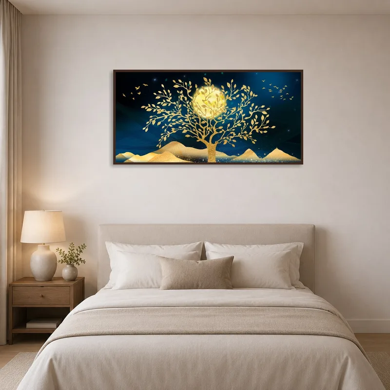 Serene bedroom with golden tree and birds under a moonlit sky.