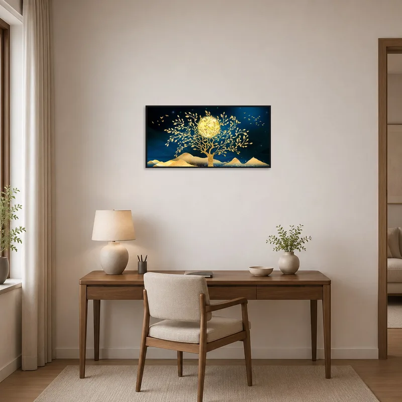Home office showcasing golden tree and birds under the moon.