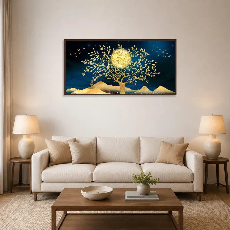 Golden tree and birds under moonlit sky in a spacious living room.