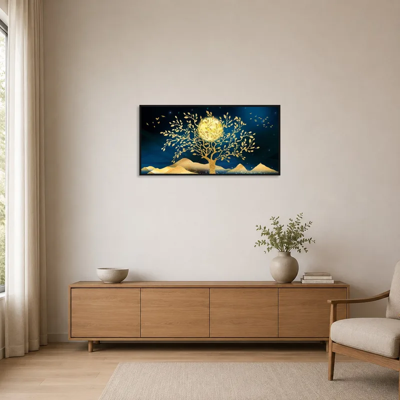 Minimalist room with golden tree and birds under a moonlit sky.