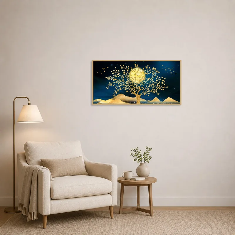 Golden tree and birds under moonlit sky in a cozy reading corner.