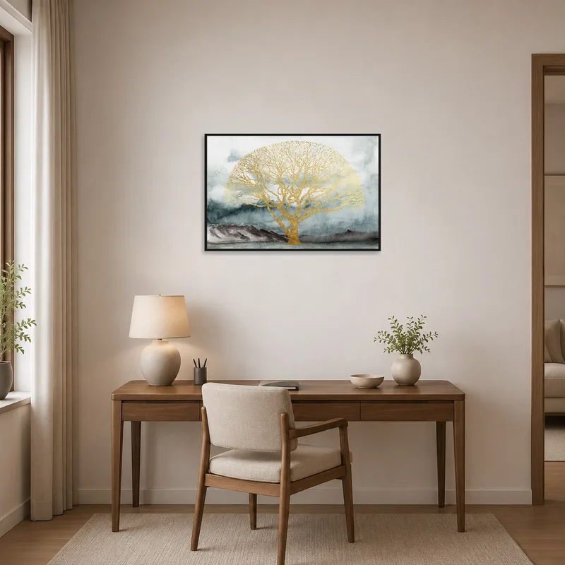 A home office with calming art of a golden tree in mist.