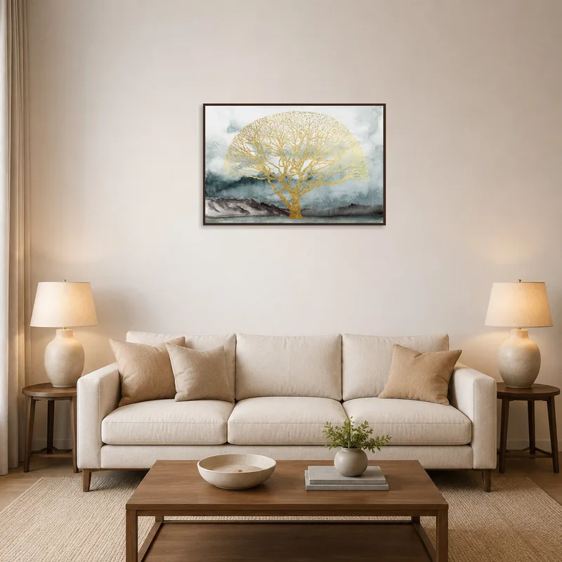 A misty landscape with a golden tree hanging in a cozy living room.