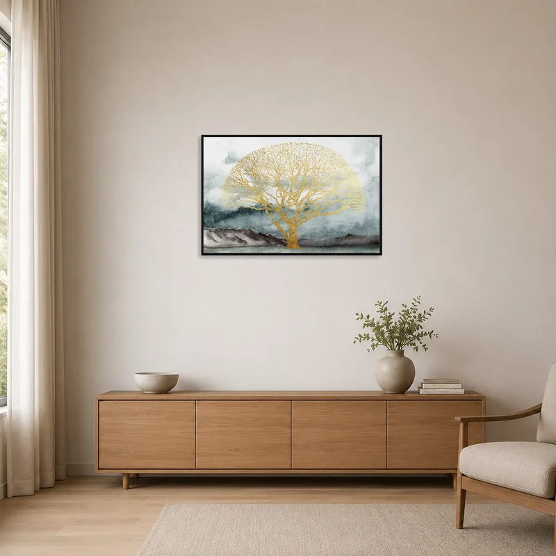 A minimalist room showcasing a golden tree in a misty landscape.