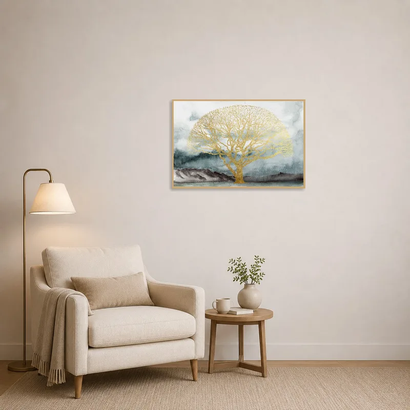 A reading corner adorned with a misty landscape and golden tree.