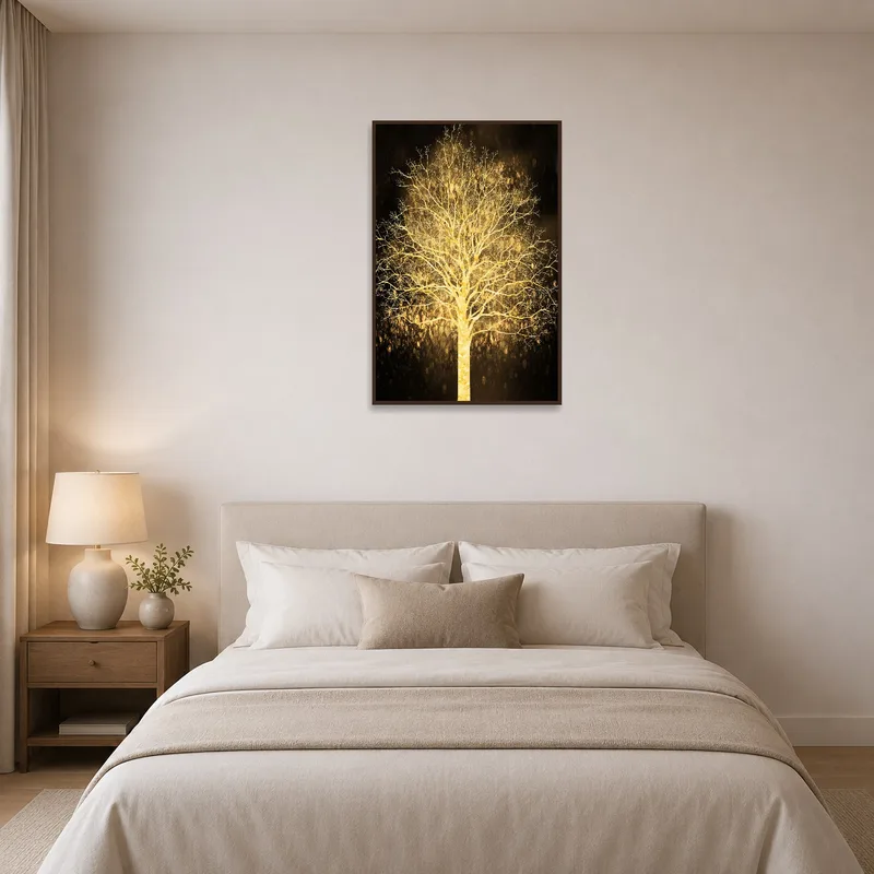 Golden tree illuminated art calming the atmosphere in a serene bedroom.