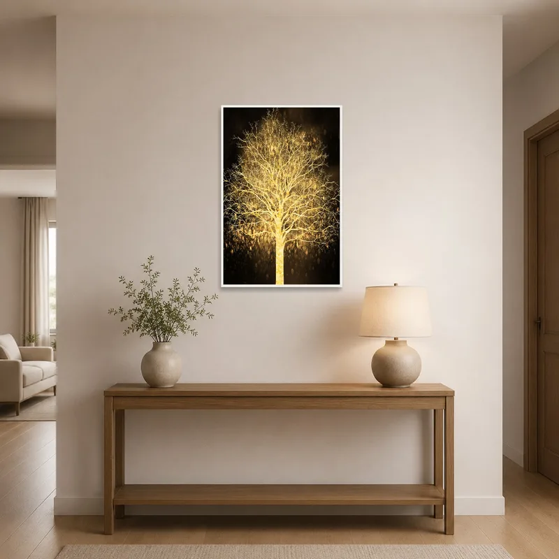 Shimmering golden tree art welcoming guests in a sleek entrance hall.