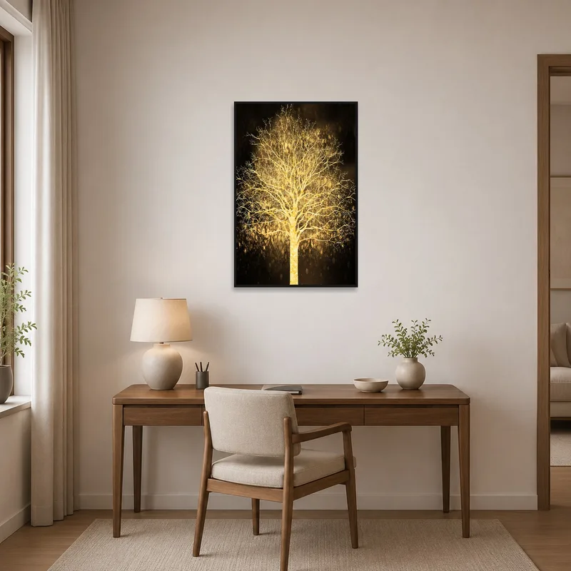 Stylish golden tree artwork enhancing the sophistication of a modern home office.