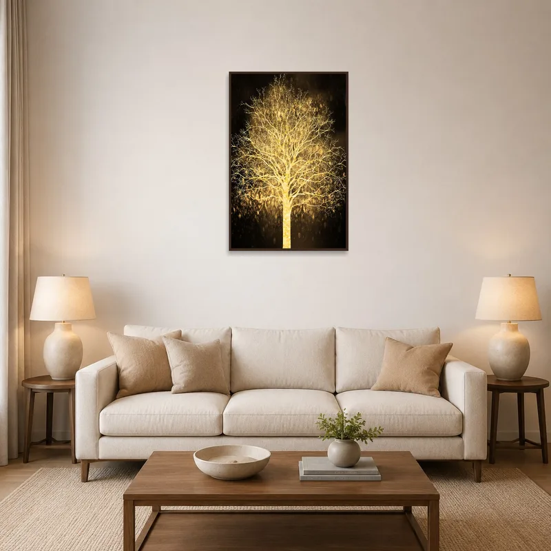 A golden tree art piece glowing against a dark backdrop, adding warmth to a cozy living room.