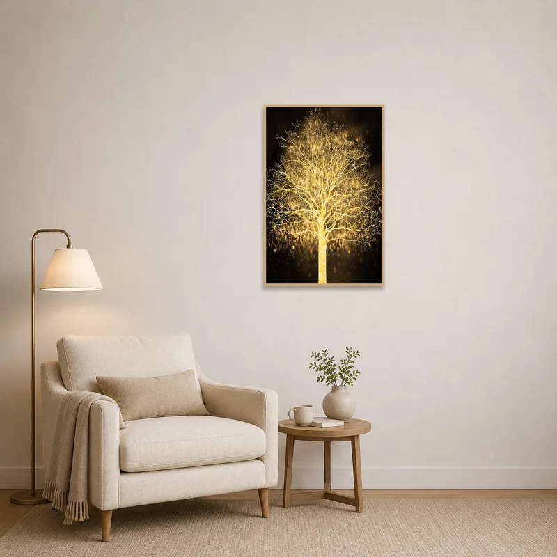 A luminous golden tree piece bringing elegance to a peaceful reading corner.
