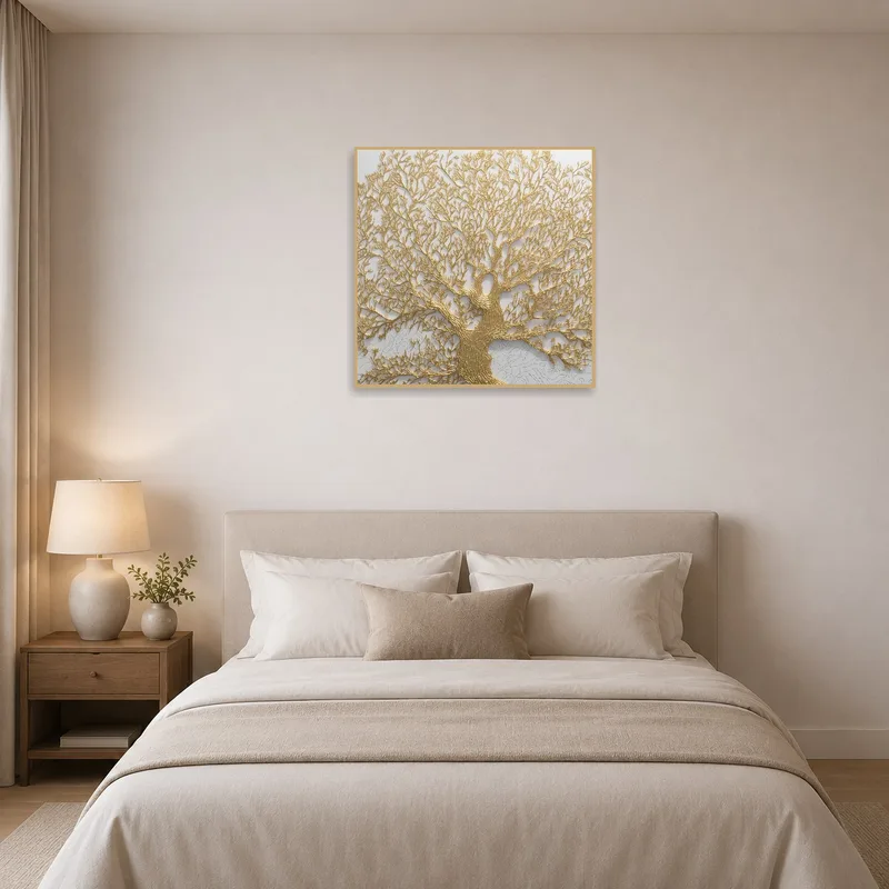 Bedroom accentuated by the intricate 'Golden Tree of Life' piece.