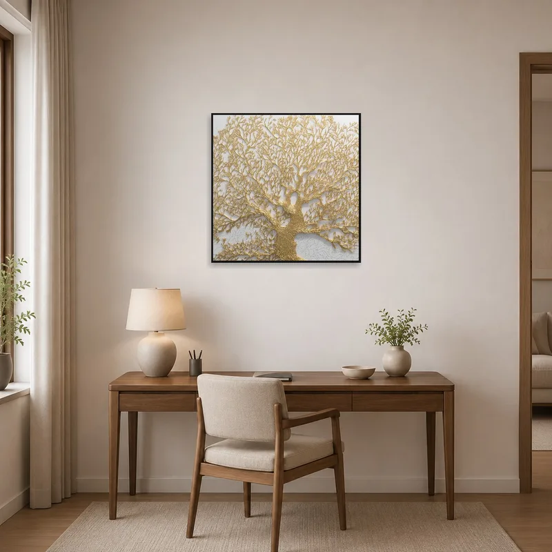 'Golden Tree of Life' enhancing the ambiance of a modern home office.