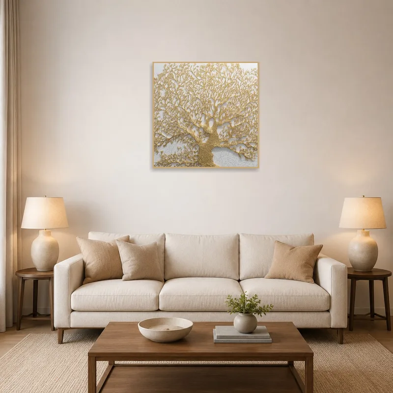 A living room with 'Golden Tree of Life' artwork on a cozy, earth-toned wall.
