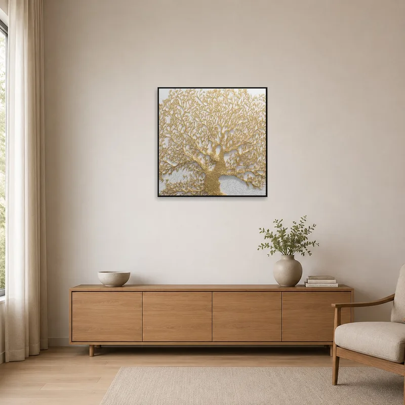 Minimalist space showcasing 'Golden Tree of Life' on a stark, clean wall.