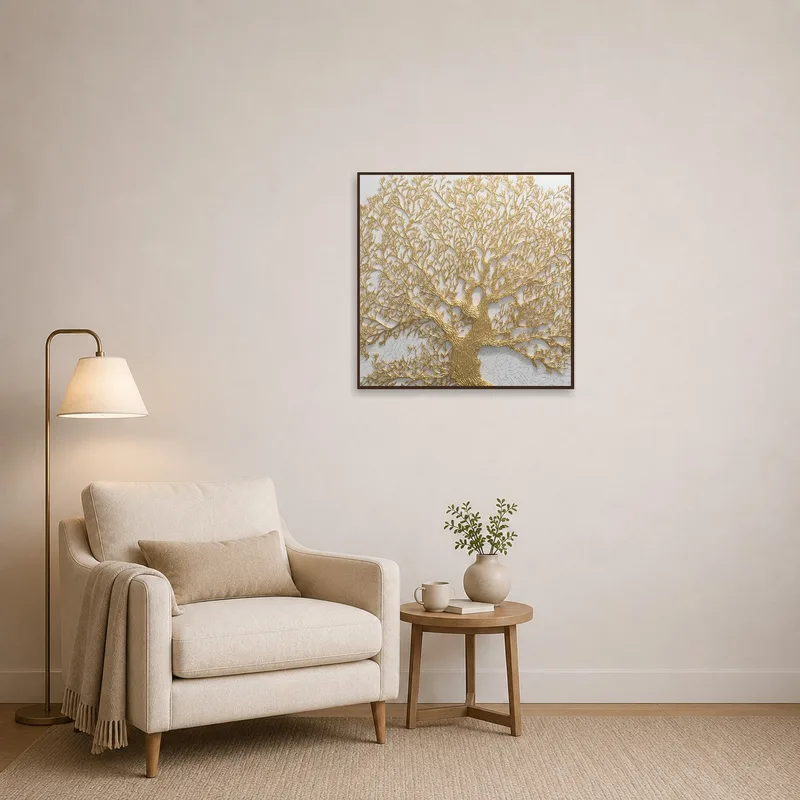 Reading corner adorned with the detailed 'Golden Tree of Life' artwork.