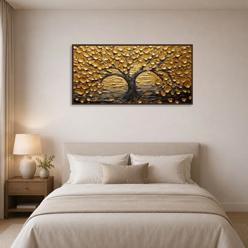 A Golden Tree of Life artwork complementing a calm and restful bedroom atmosphere.