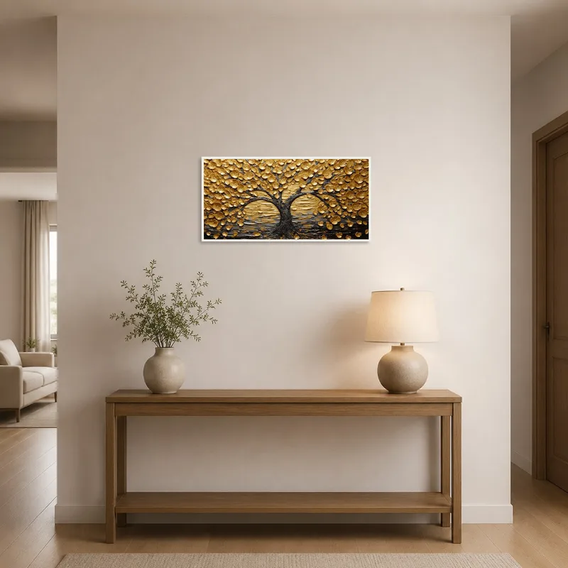 A Golden Tree of Life piece displayed in a welcoming entrance hall, greeting visitors with elegance.