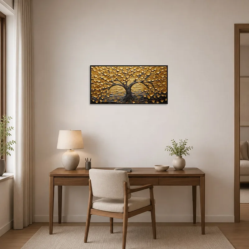 A stylish home office showcasing a Golden Tree of Life artwork, creating a sophisticated vibe.