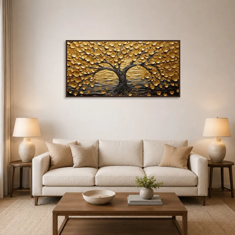 A Golden Tree of Life artwork hanging in a cozy living room setting with soft colors.