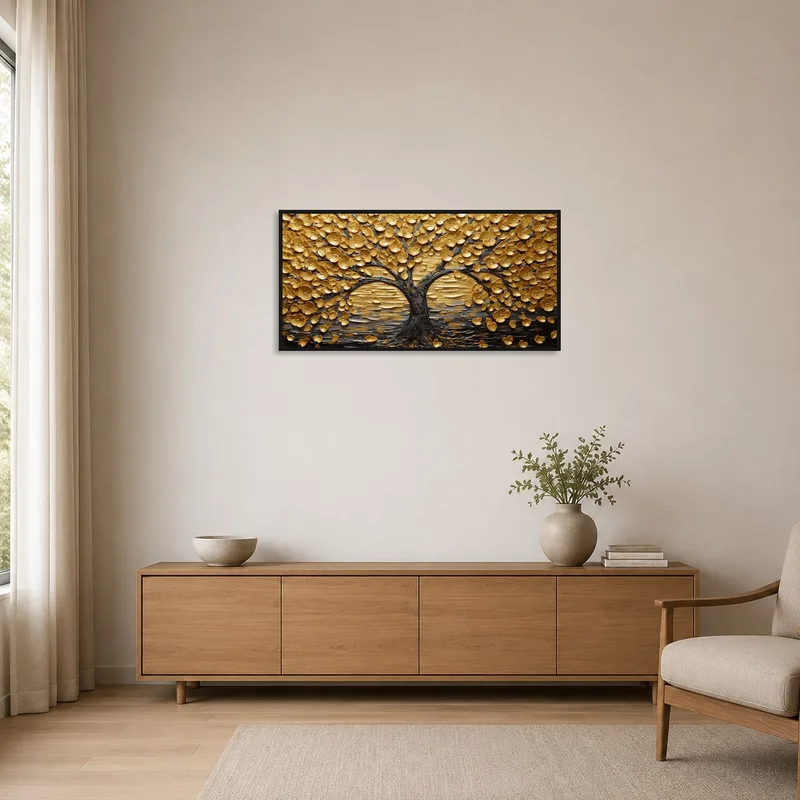 A Golden Tree of Life artwork enhancing a minimalist room with clean lines and neutral tones.