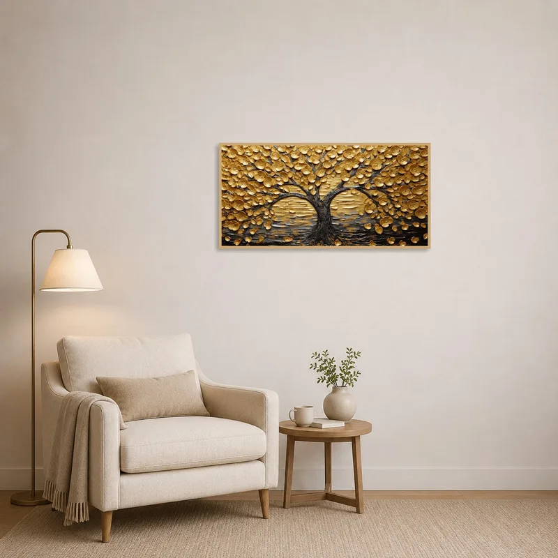 A serene reading corner featuring a Golden Tree of Life artwork, adding a touch of warmth.