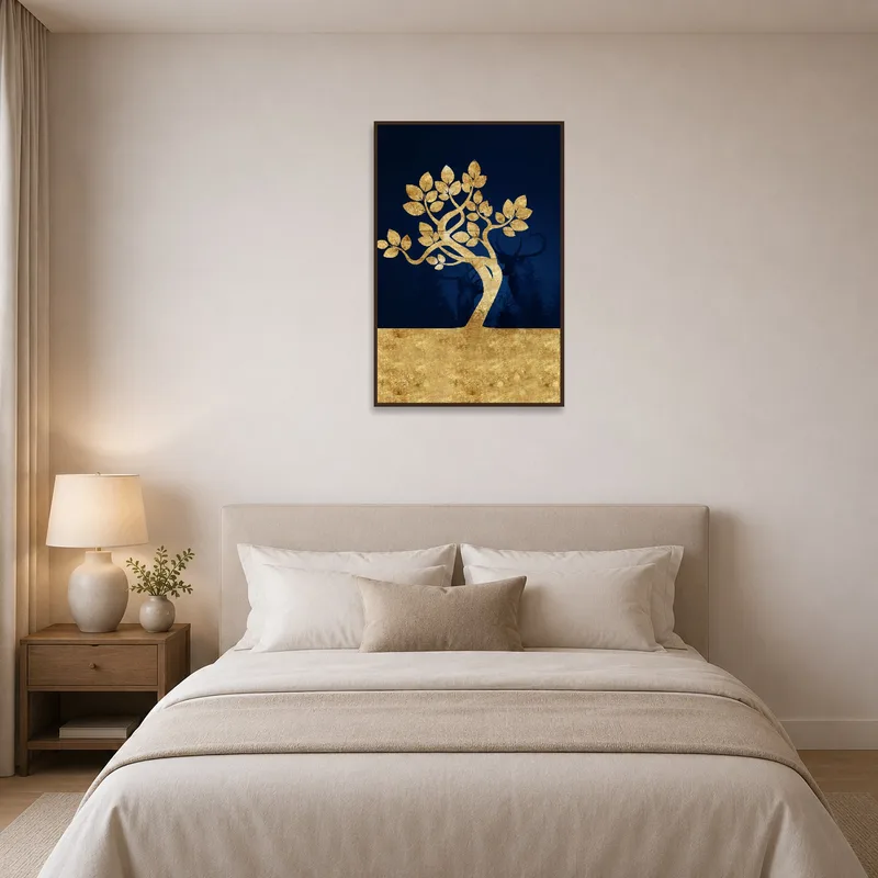 Golden tree on a deep blue background complements the calming decor of a bedroom.