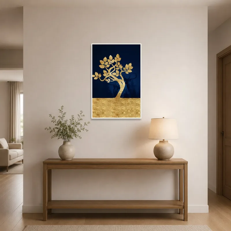 A striking golden tree print serves as a warm welcome in an entrance hall.