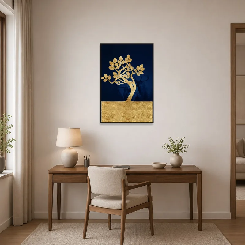 Golden tree art provides inspiration above a desk in a modern home office.