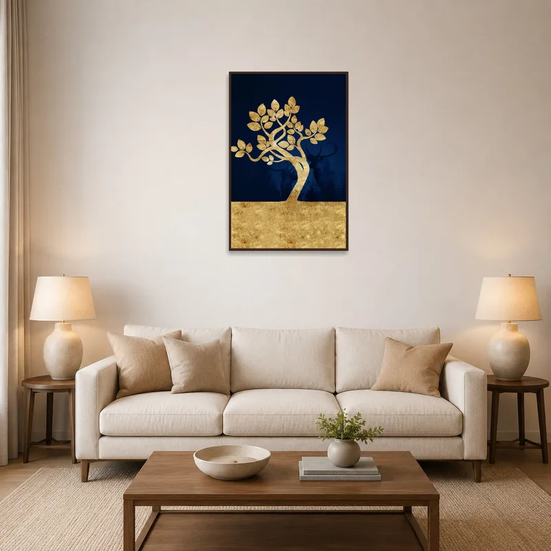 Golden tree art print above a sofa against a blue accented wall in a cozy living room.