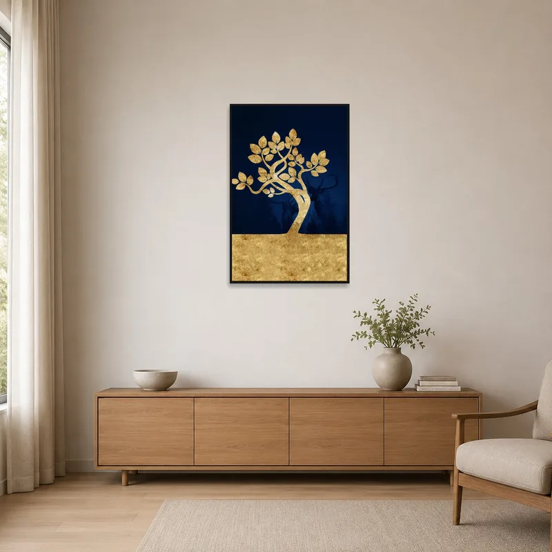 Golden tree print enhancing the elegance of a minimalist room with sleek furnishings.