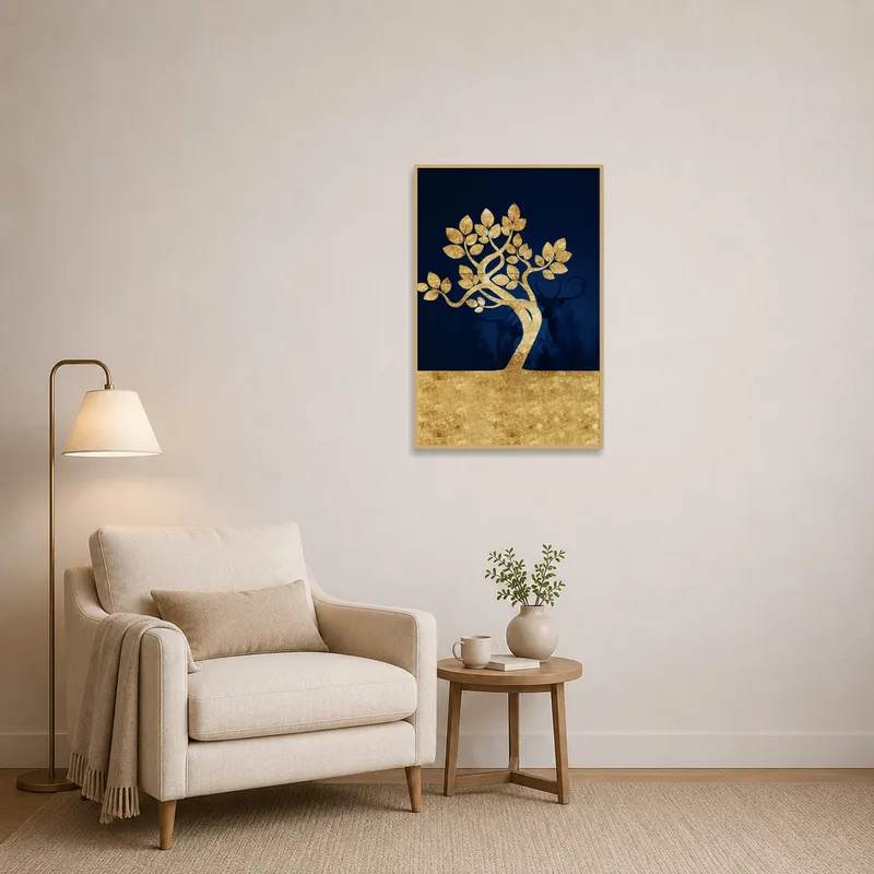Golden tree artwork enhances the serene vibe of a reading corner with comfy chairs.