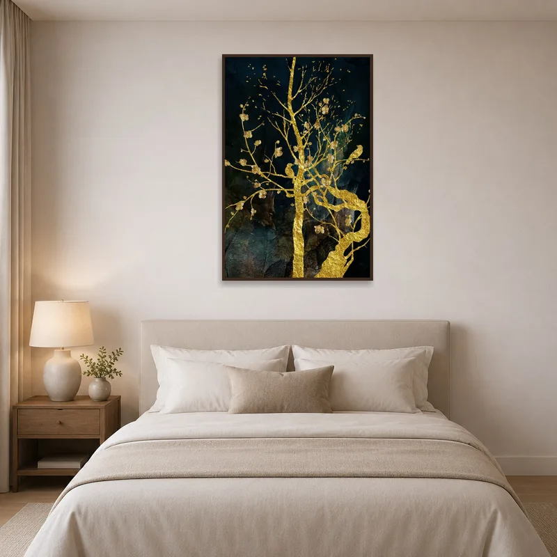 On the bedroom wall, the golden tree design brings warmth and contrast with its textured dark background.
