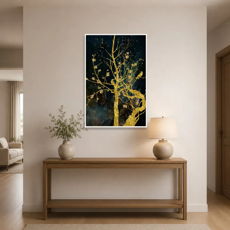 The entrance hall is enhanced with a striking print of a golden tree on a dark textured background.