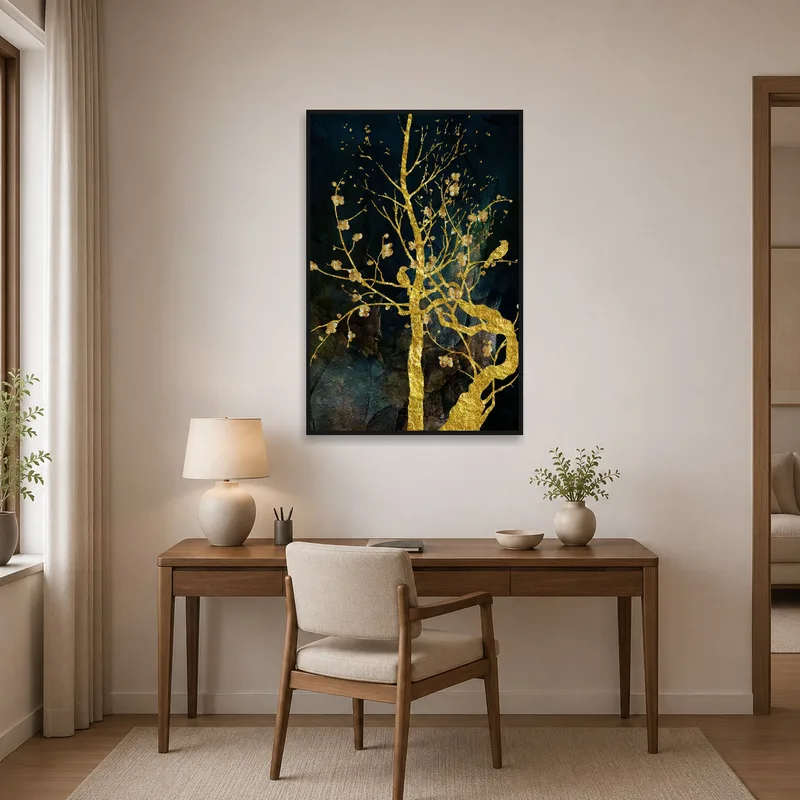 In a home office, the art piece of a golden tree lends a sophisticated touch with its dark textured canvas.