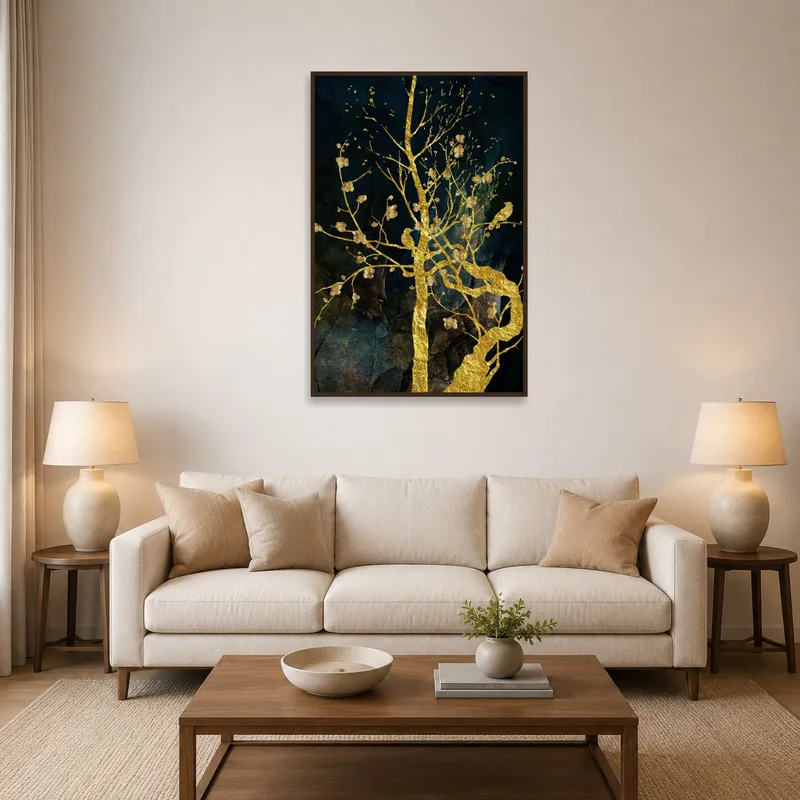 The art print of a golden tree brightens up the living room wall with its textured dark backdrop.