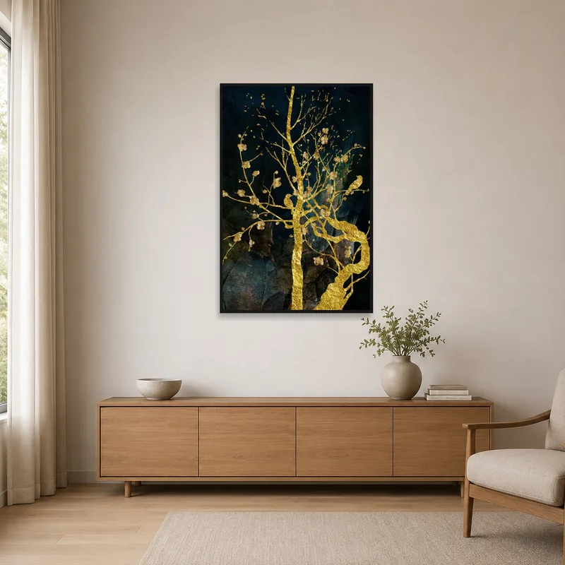 In a minimalist setting, the golden tree artwork adds a subtle touch of elegance against a simple wall.