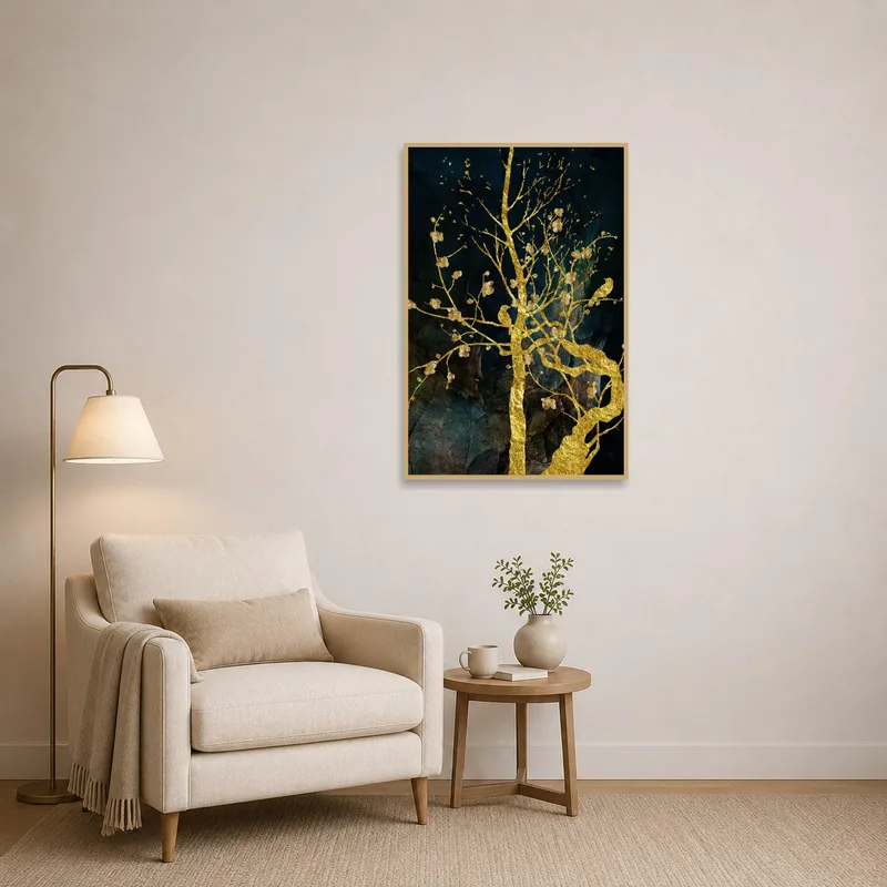 The golden tree print provides a focal point in a cozy reading corner with its dark and textured allure.