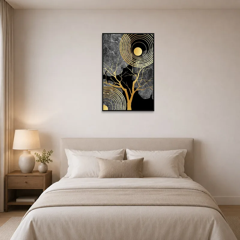 Bedroom wall adorned with golden tree rings and sunburst art over a stylish bed.