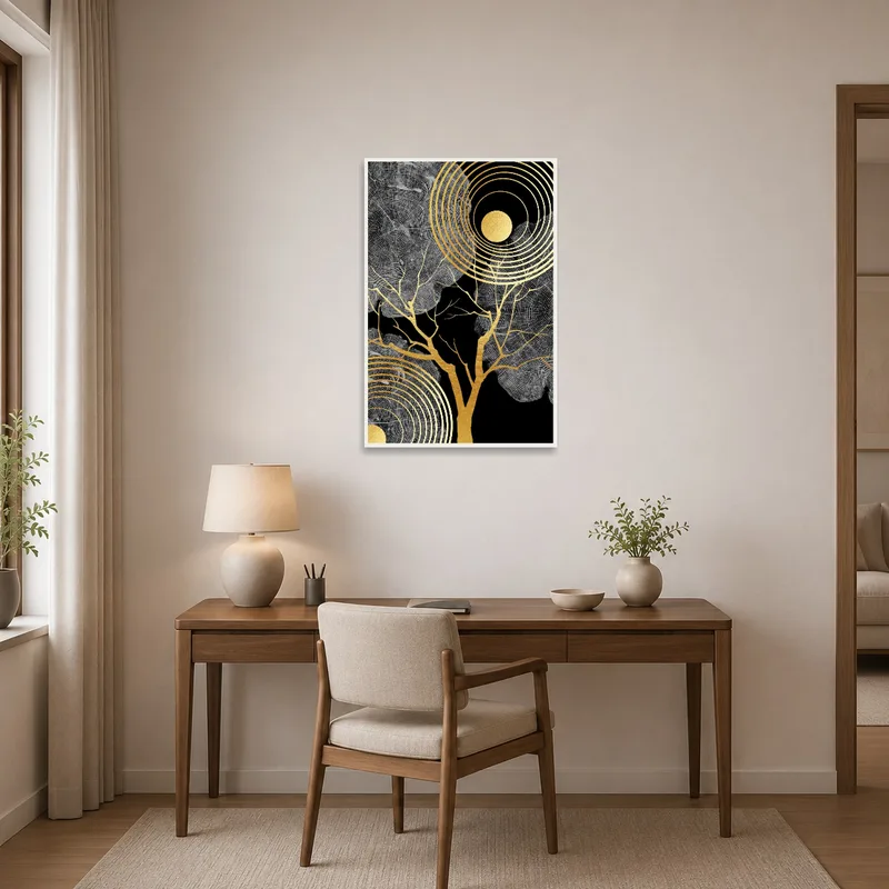 Golden tree rings and sunburst art in a home office creating an inspiring work atmosphere.