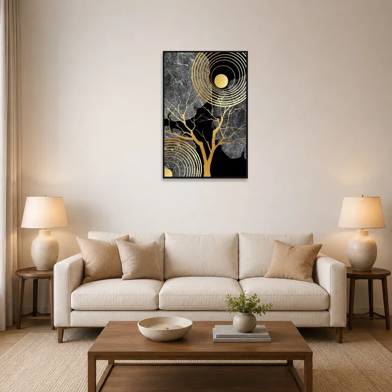 Golden tree rings and sunburst art on a living room wall above a modern couch.