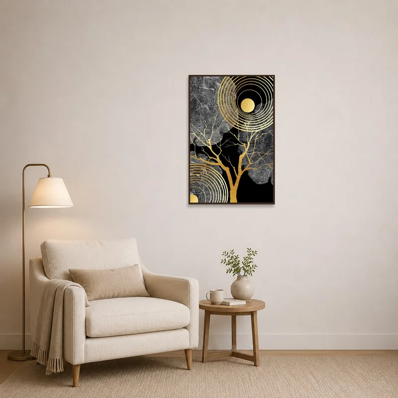 Reading corner with golden tree rings and sunburst art beside a comfy chair and lamp.