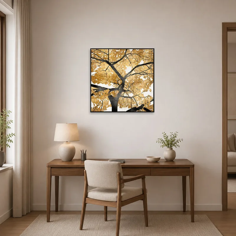 Golden tree silhouette print inspiring creativity in a home office.