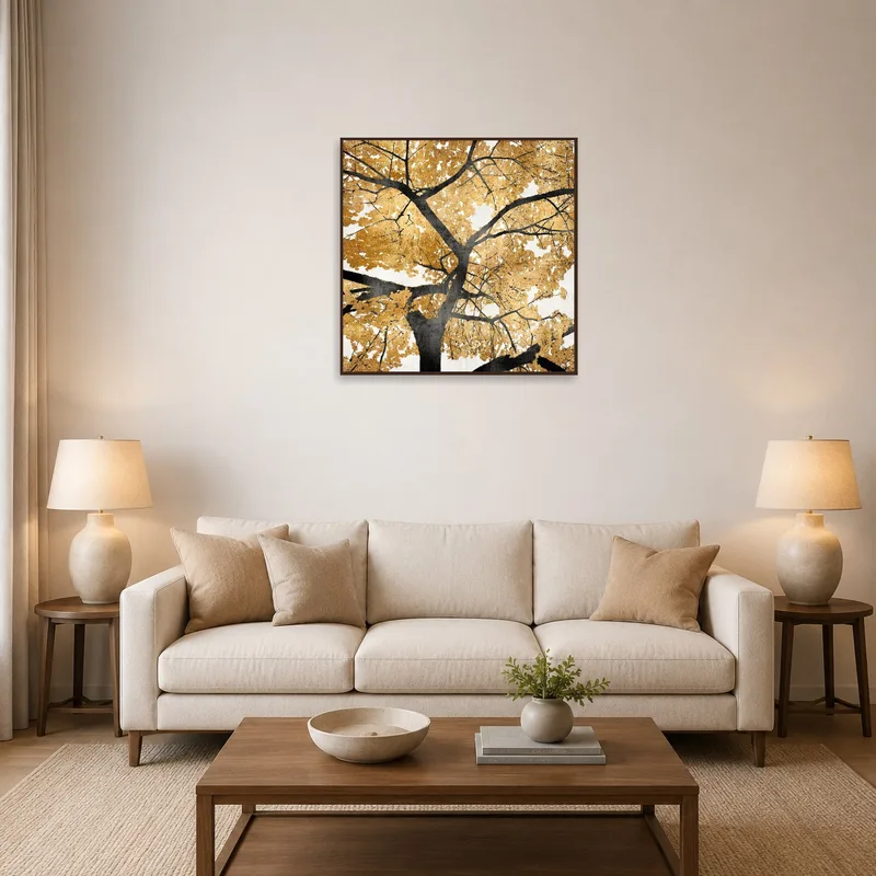 Golden tree silhouette print hung above a living room sofa.