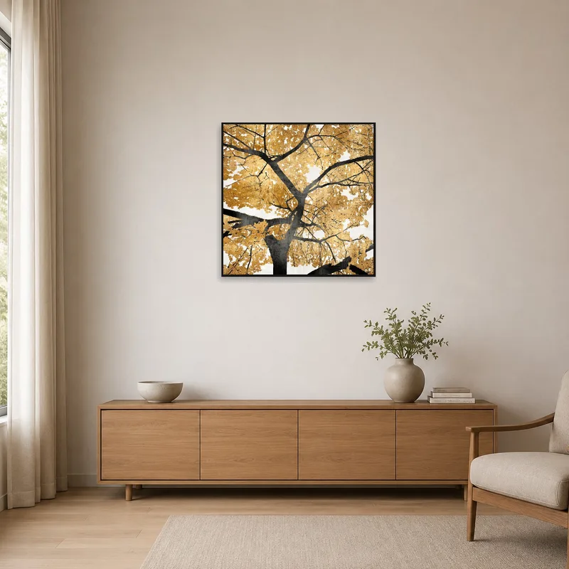 Golden tree silhouette print accentuating a minimalist white wall.