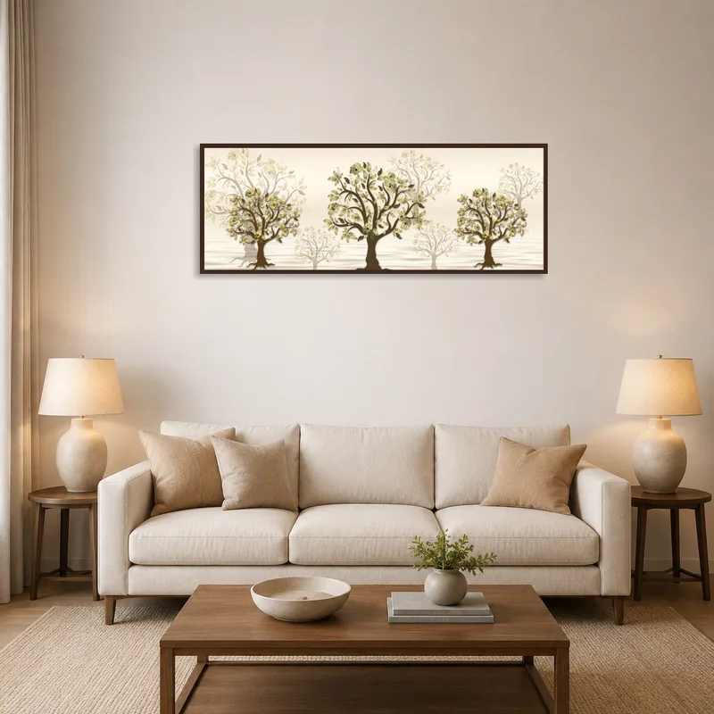 Golden tree silhouettes art above a modern sofa with neutral tones in a living room.