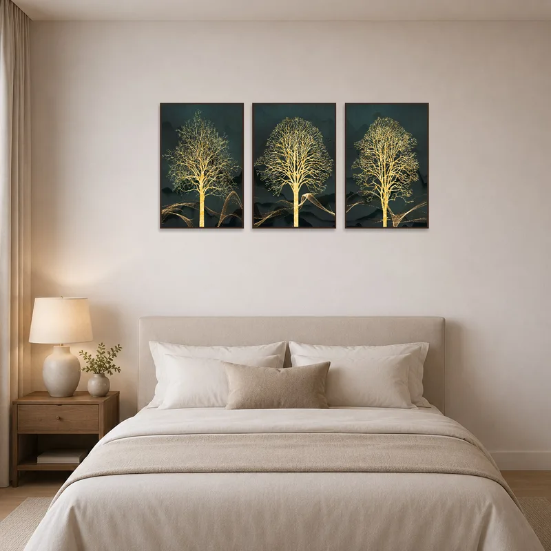 Horizontally above the bed, three panels of golden tree silhouettes enhance the bedroom.
