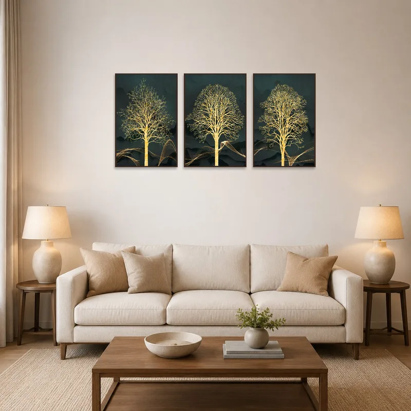 A trio of golden tree silhouette prints on the living room wall above a modern sofa.