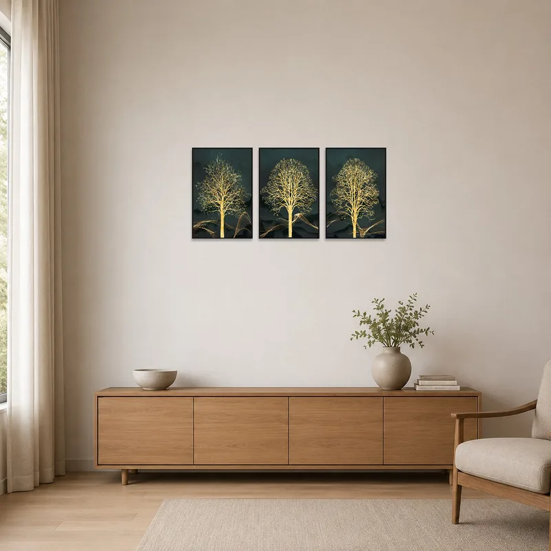 Golden tree silhouette triptych adding elegance to a minimalist room with a simple layout.